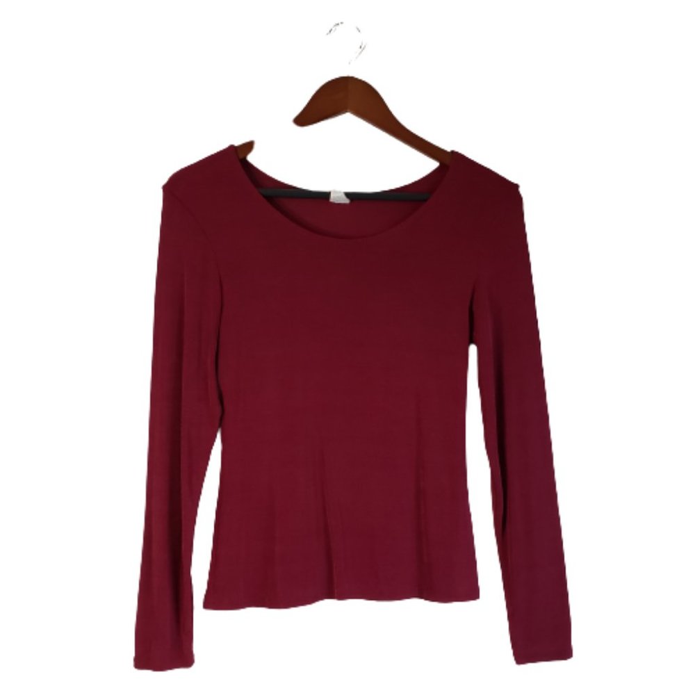 Women's Long Sleeve Burgundy T-Shirt Scoop Neckline Fitted Stretch Size Large
